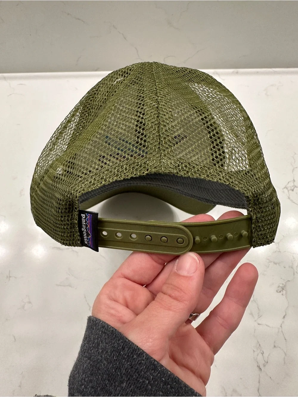 Patagonia Kids White & Olive Trucker Hat with Colorful Embroidered Owl